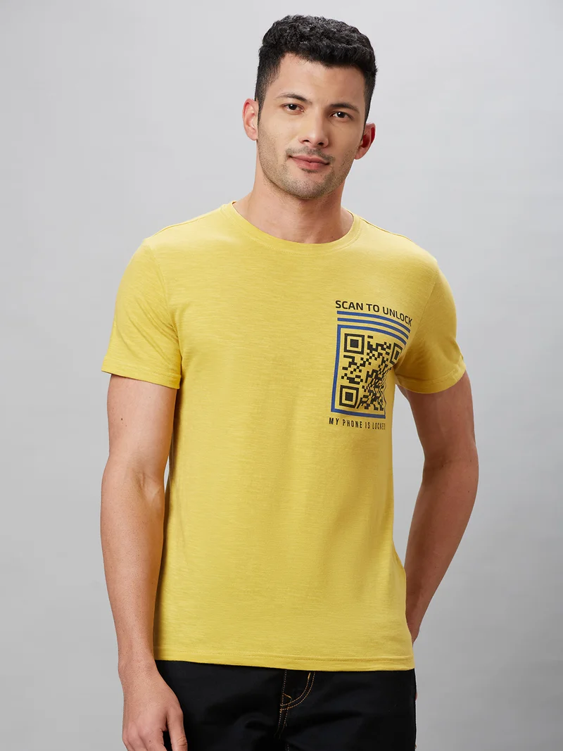 globus Globus Men Yellow Printed Round Neck Cotton Regular Fit Casual T-shirt